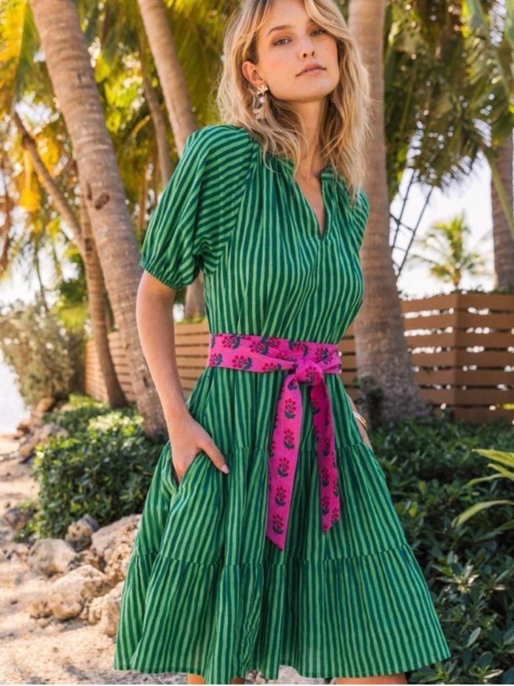 Printfresh Seaside Stripes "It's a Date" Clover Green Dress (missing belt)